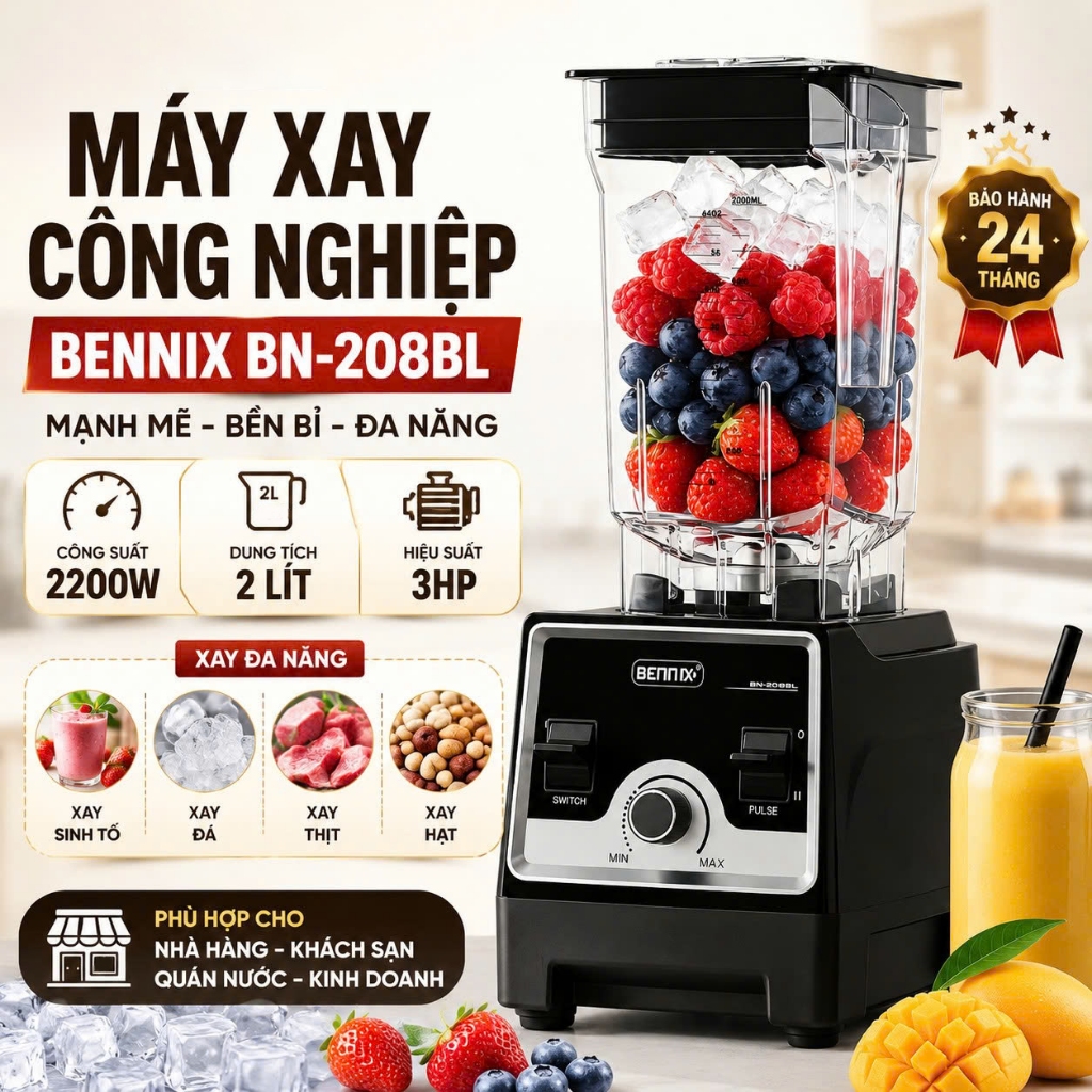 Máy xay công nghiệp Bennix BN-208BL chuyên dụng cho cửa hàng, nhà hàng, công suất 2200W