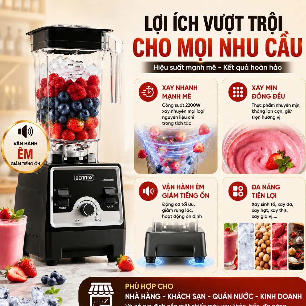 Máy xay công nghiệp Bennix BN-208BL chuyên dụng cho cửa hàng, nhà hàng, công suất 2200W