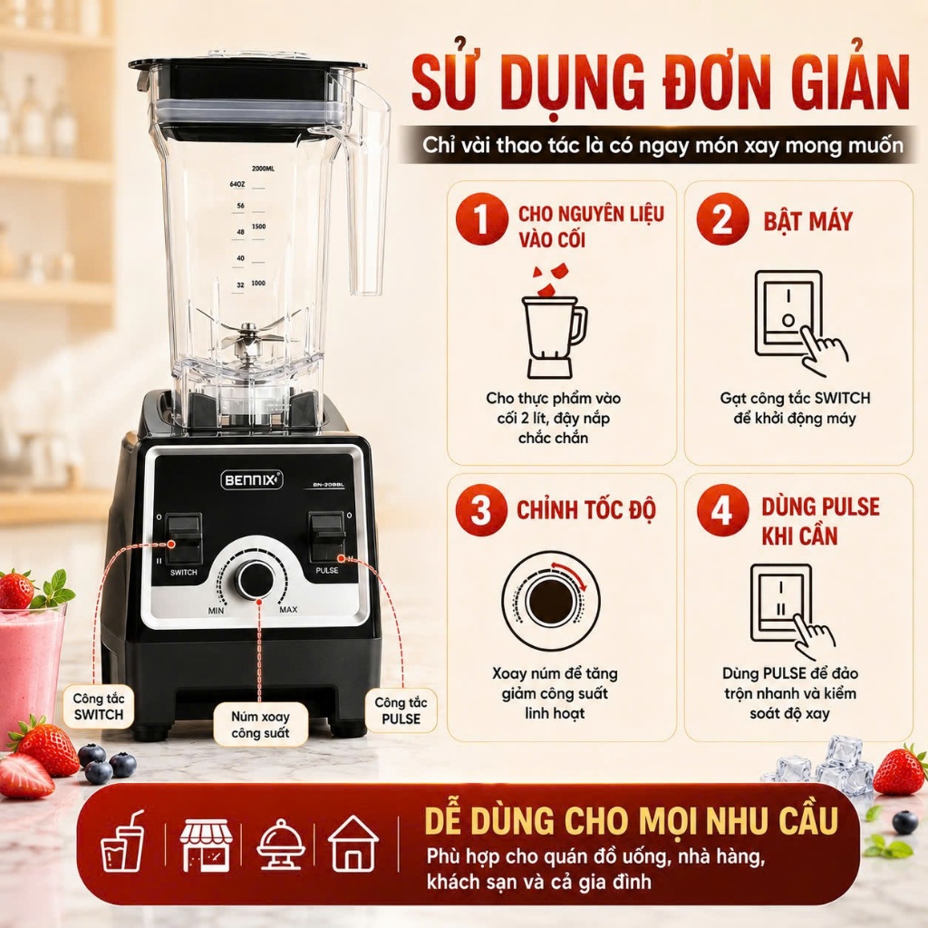 Máy xay công nghiệp Bennix BN-208BL chuyên dụng cho cửa hàng, nhà hàng, công suất 2200W