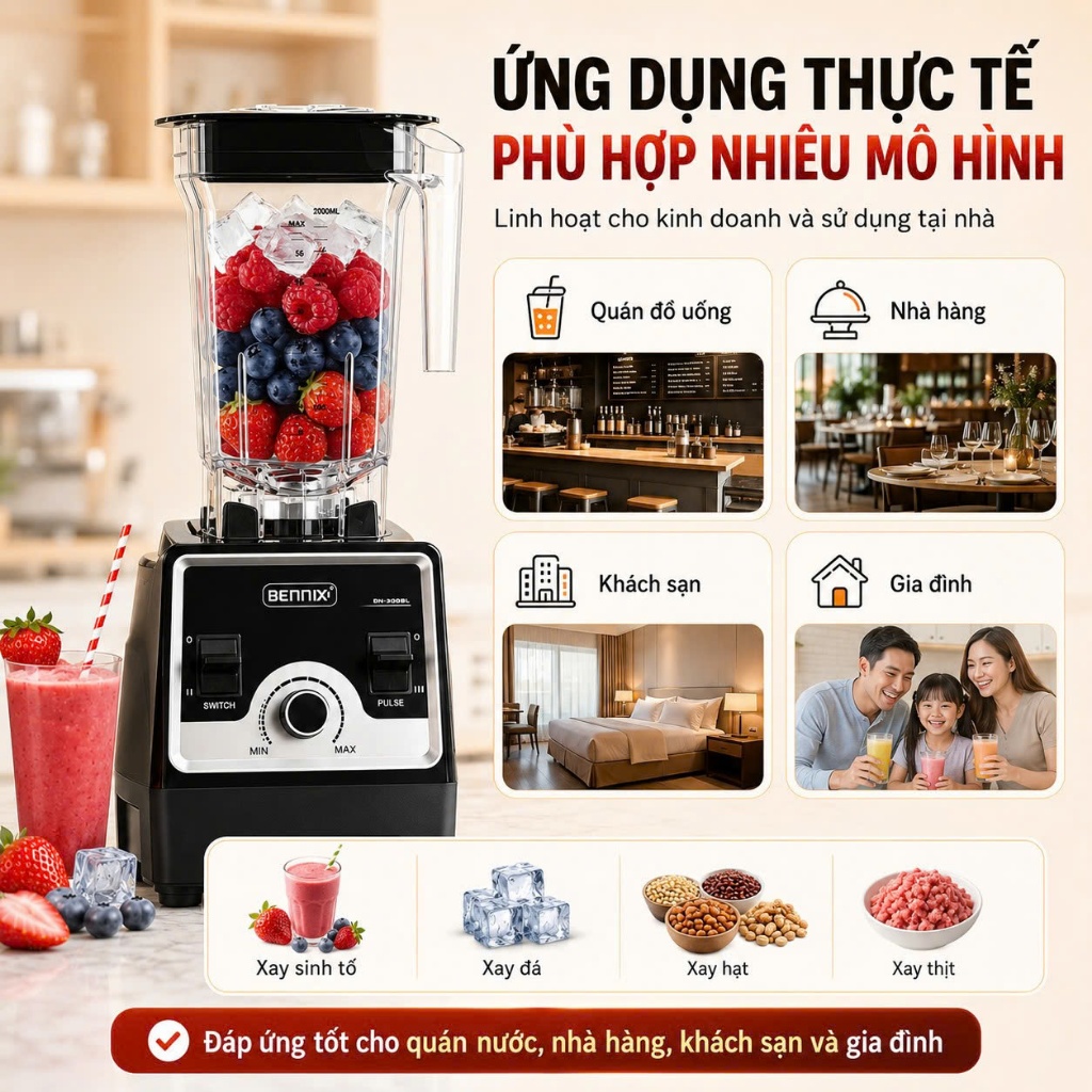 Máy xay công nghiệp Bennix BN-208BL chuyên dụng cho cửa hàng, nhà hàng, công suất 2200W