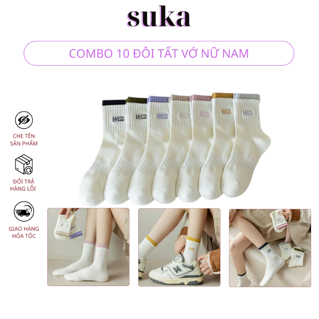 Combo 10 Đôi Tất vớ nữ nam cổ cao cổ trung màu trắng dễ thương hàn quốc đẹp viền đủ màu 337
