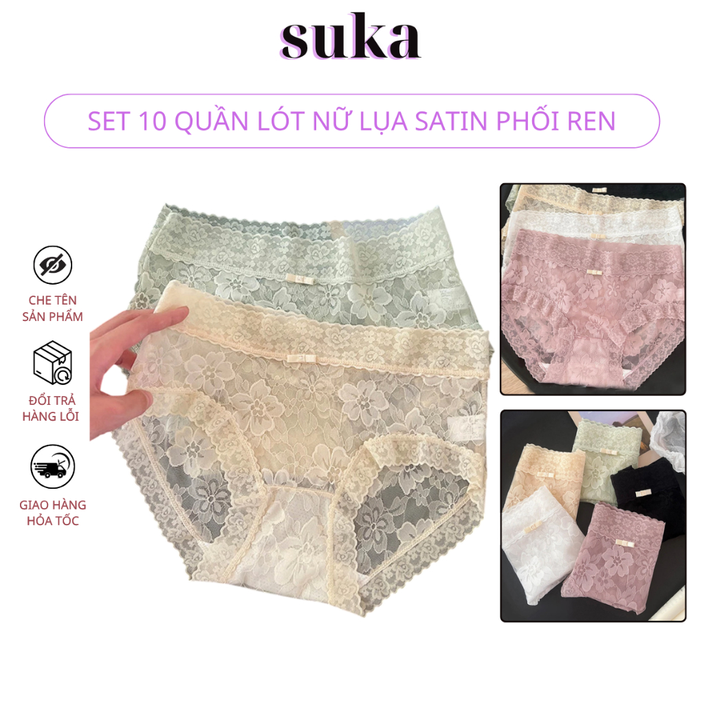 Sét 10 Quần Lót Nữ Ren Lụa Chất Mịn Đẹp Mềm Mại Êm Ái. Đáy Cotton, Giặt Máy Thoải Mái 356