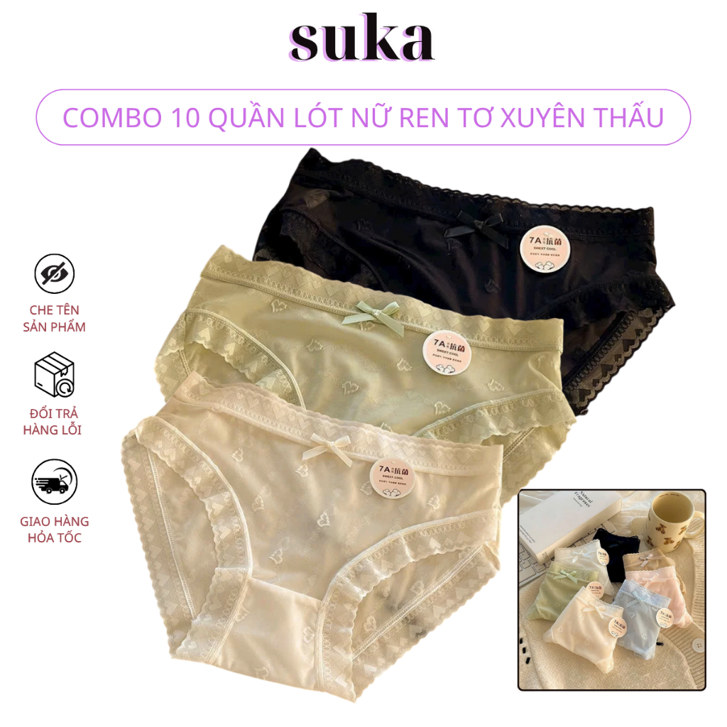 Sét 10 Quần Lót Nữ Ren Tơ mềm mại, Quần Lót Nữ Sexy thiết kế họa tiết trái tim siêu gợi cảm 380