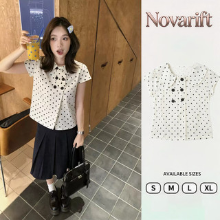 Nova-Áo sơ mi nữ Áo sơ mi tay ngắn cổ sen áo babydoll chấm bi phối 6 cúc lửng dáng vừa dễ thương