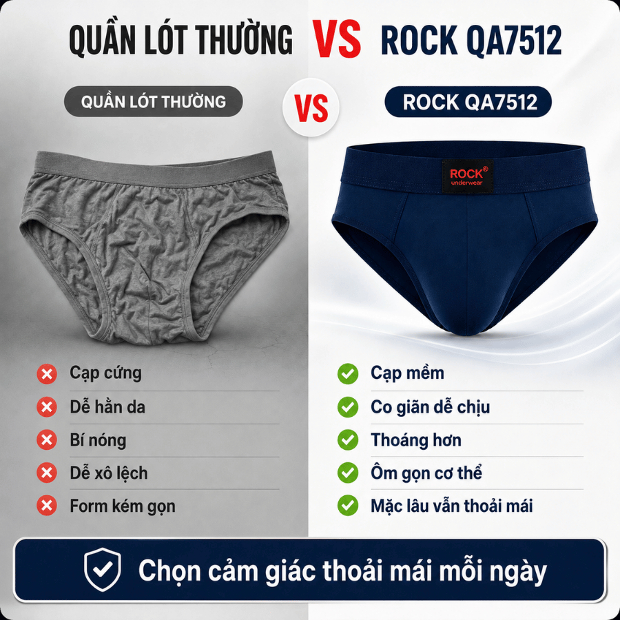 Combo 5 Quần Lót Nam ROCK QA 7513 Trơn Cao Cấp Co Giãn, Quần Sịp Nam Chất Liệu Mềm Mịn, Thoáng Khí