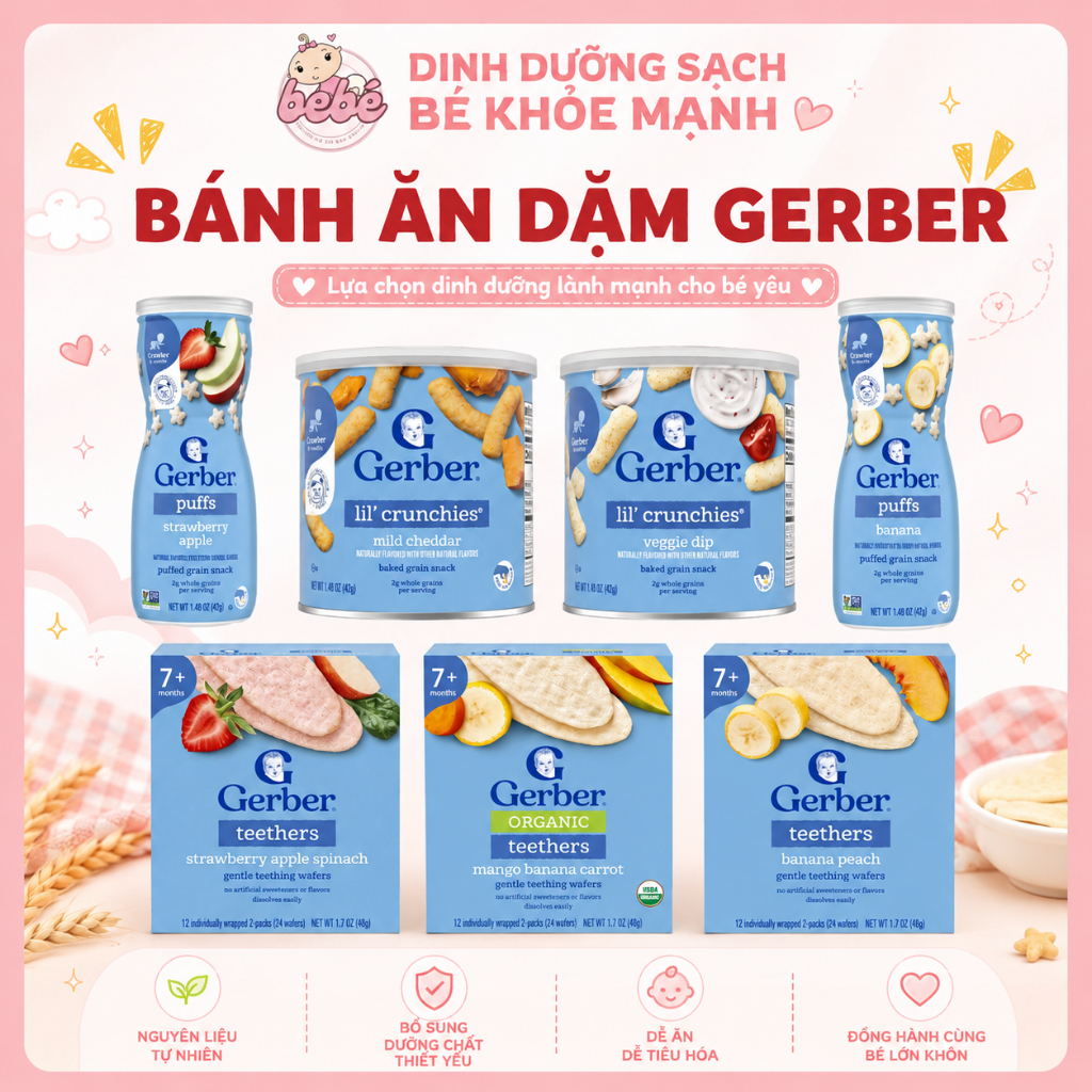 Bánh ăn dặm Gerber, sữa chua khô Gerber Mỹ bổ sung dinh dưỡng cho bé