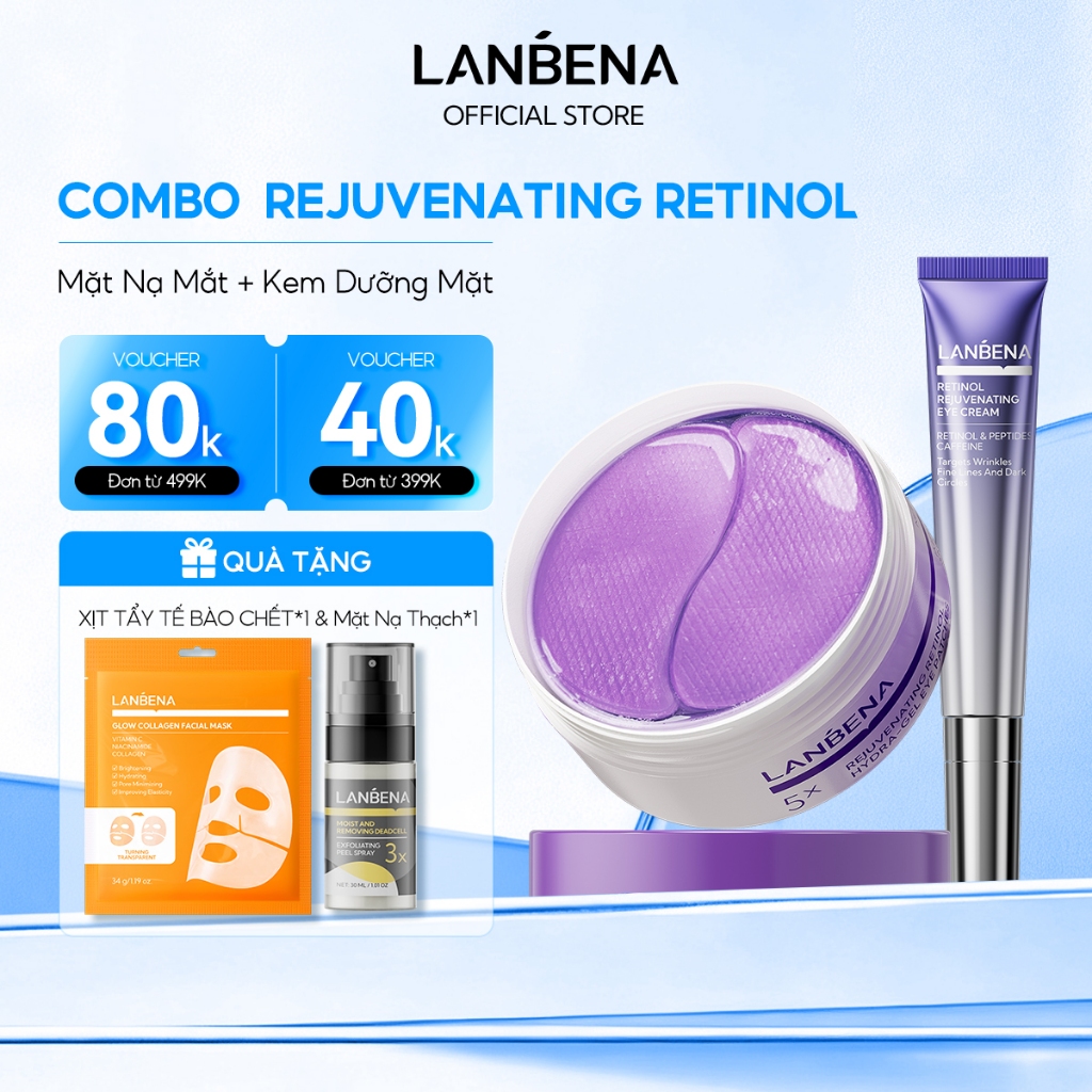LANBENA COMBO Kem mắt+mặt nạ mắt  retinol (15ml+60 miếng) -chứa vitamin C dưỡng ẩm làm sáng da loại bỏ nếp nhăn