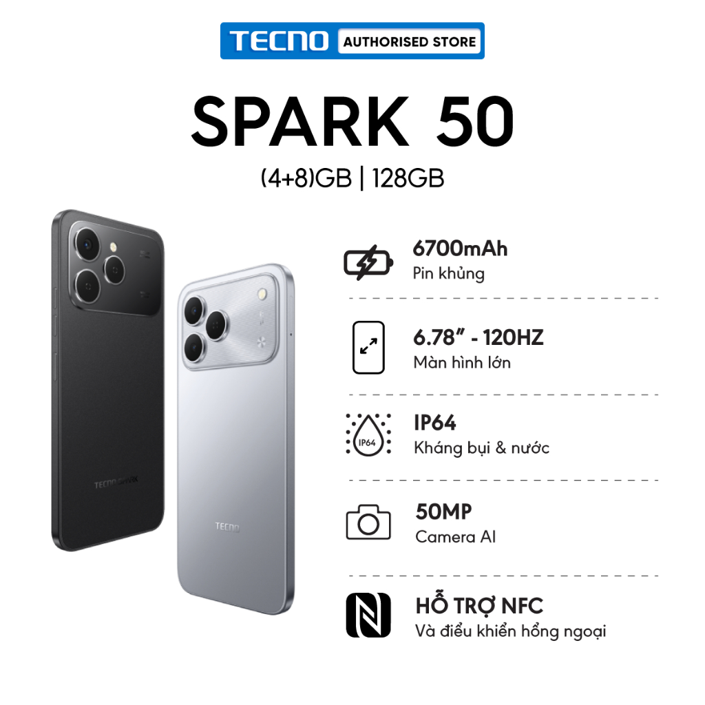 Điện thoại TECNO SPARK 50 (4+8)GB|128GB - Pin 6700mAh | Màn hình 120Hz | Camera AI 50MP | IP64 | NFC