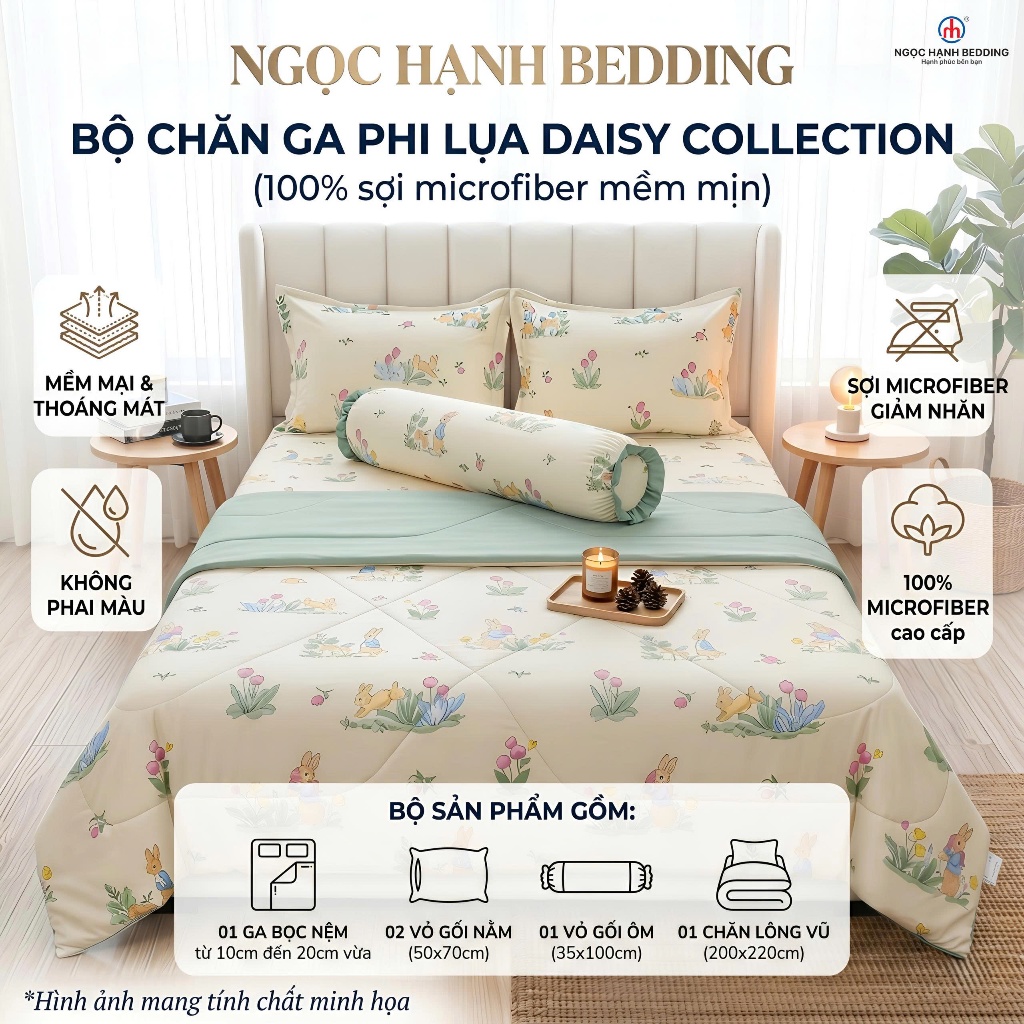 Bộ Ga Gối Phi Lụa Daisy Collection mềm mướt, thoáng mát dành cho nệm 10cm đến 20cm -  Ngọc Hạnh Bedding