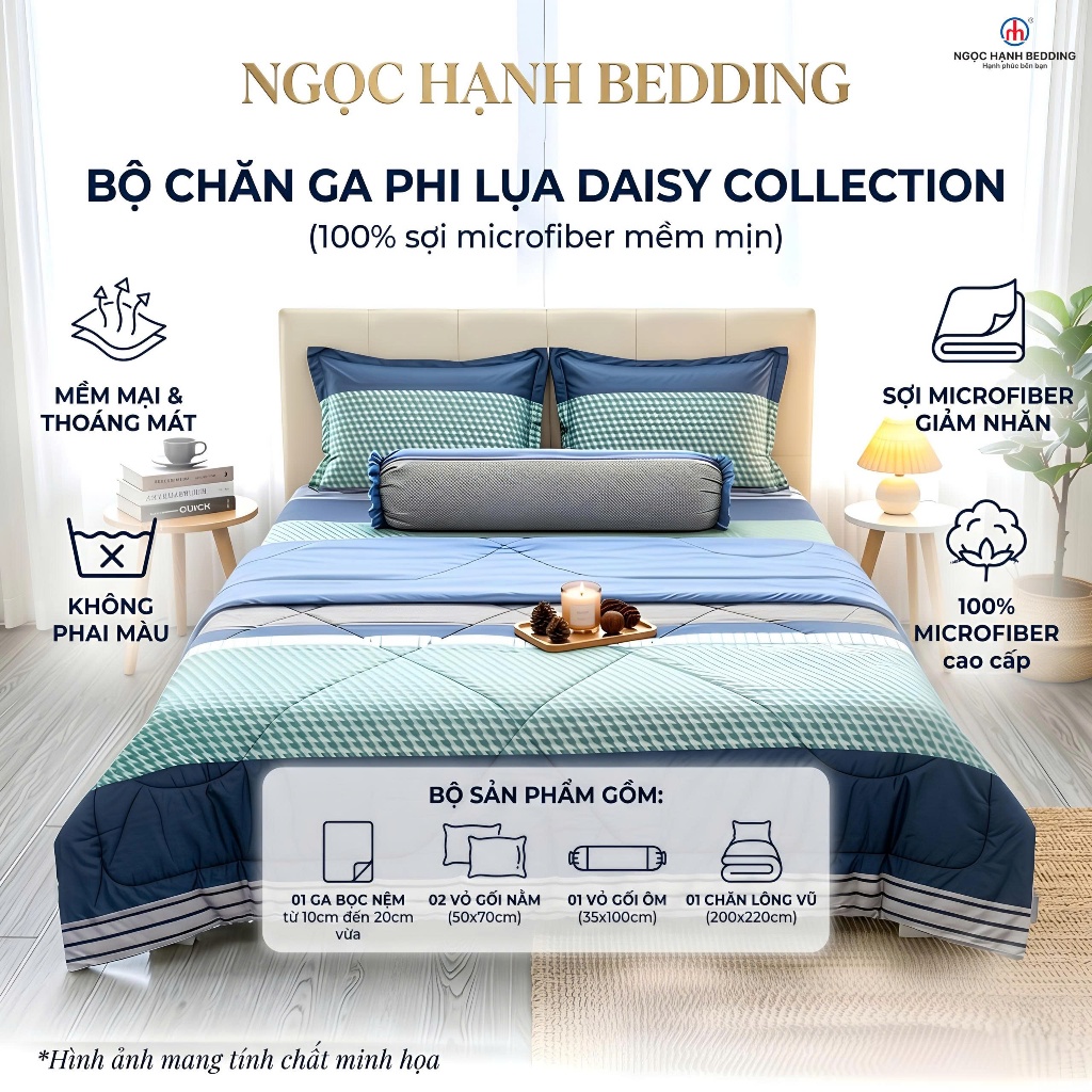 Bộ Ga Gối Phi Lụa Daisy Collection mềm mướt, thoáng mát dành cho nệm 10cm đến 20cm -  Ngọc Hạnh Bedding
