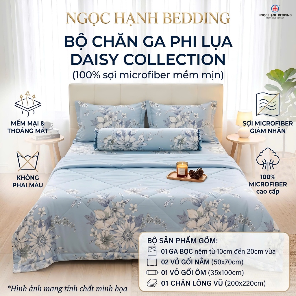 Bộ Ga Gối Phi Lụa Daisy Collection mềm mướt, thoáng mát dành cho nệm 10cm đến 20cm -  Ngọc Hạnh Bedding