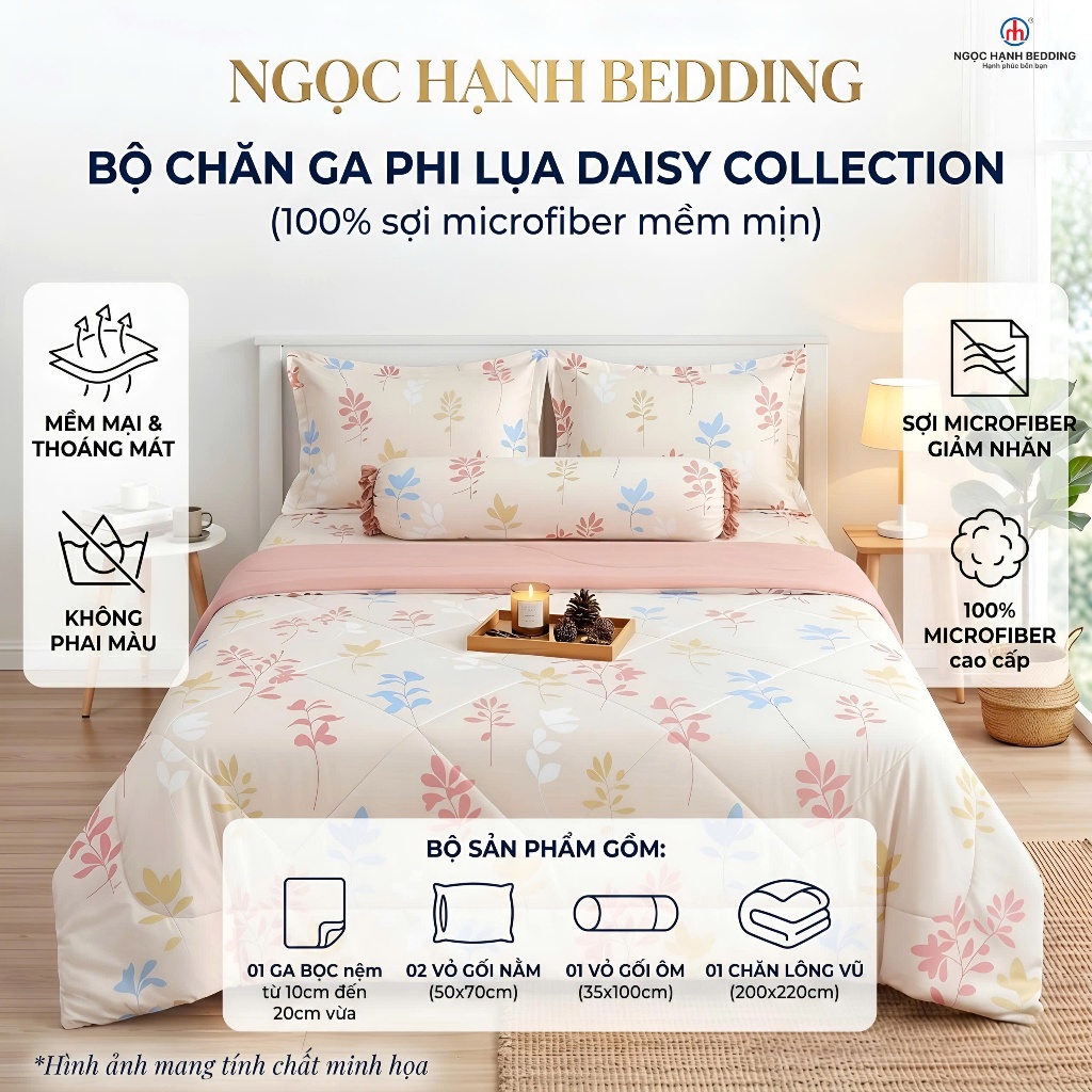 Bộ Ga Gối Phi Lụa Daisy Collection mềm mướt, thoáng mát dành cho nệm 10cm đến 20cm -  Ngọc Hạnh Bedding
