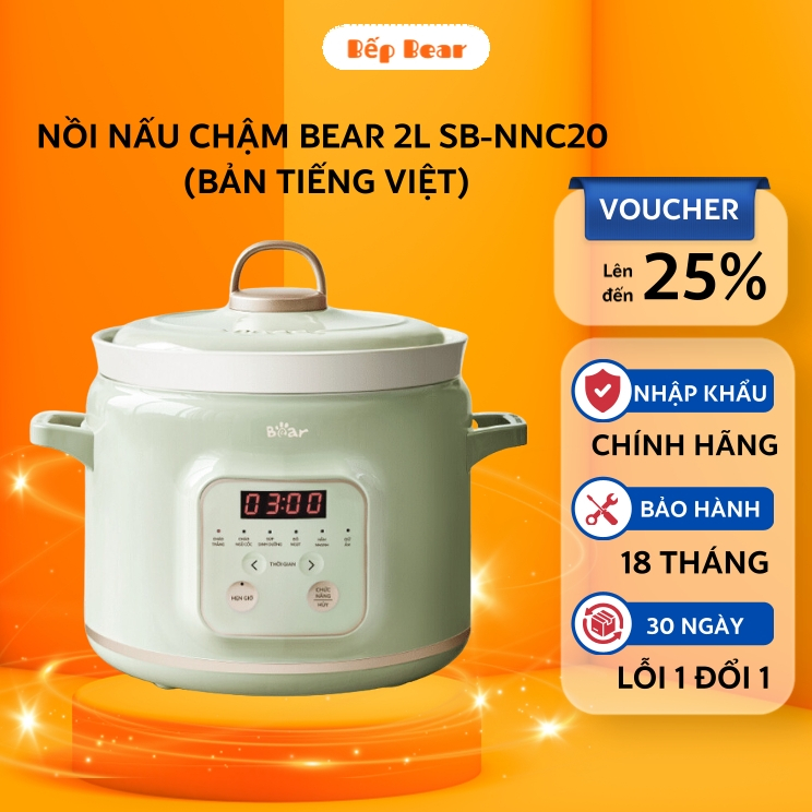 Nồi Nấu Cháo Chậm BEAR 2L Đa Năng Kho Cá Kho Thịt Nấu Cháo Hầm Giữ Ấm Giữ Trọn Dinh Dưỡng Bản Tiếng Việt -SB-NNC20