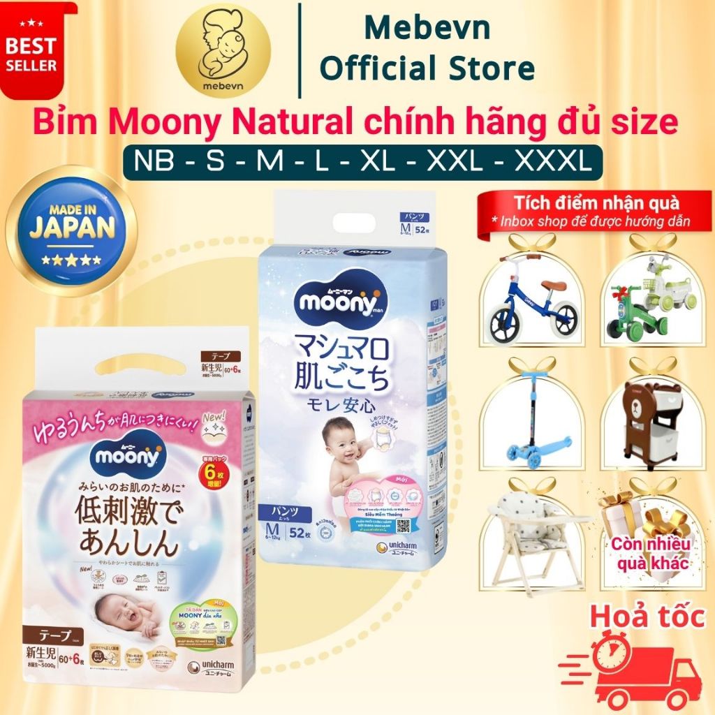 Bỉm moony trắng, bỉm moony natural chính hãng Dán/Quần đủ size NB62/S58/M46/L36/XL32
