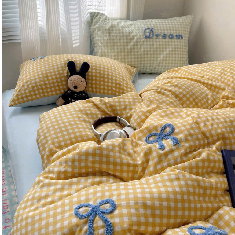 Set Chăn Ga Gối Đũi Cotton Họa Tiết Hàn Quốc - Set Vỏ Chăn và Chăn Chần 4 Món Cao Cấp - Nhà Shy Home Decor