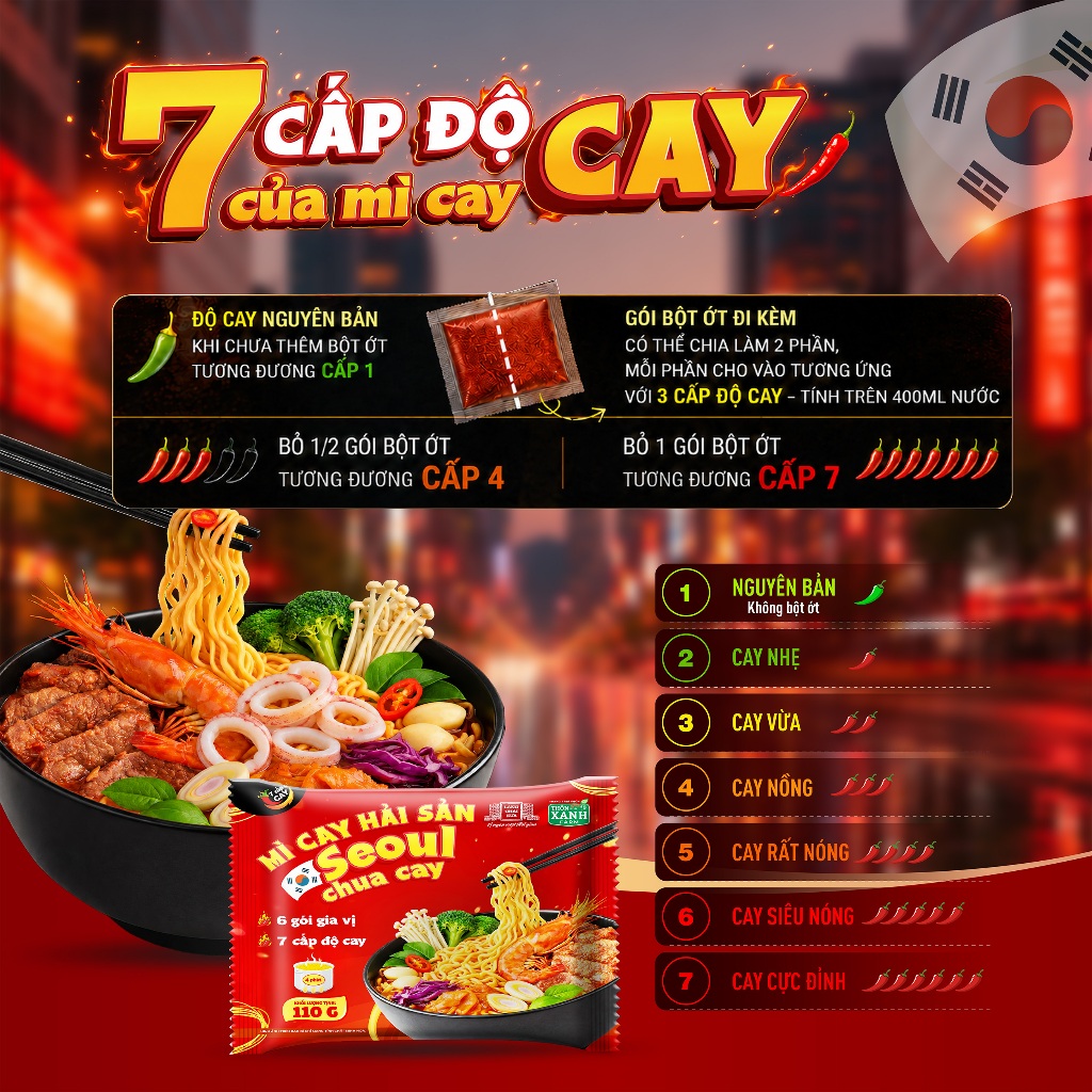 Hộp 5 Tặng 1 - Mì Cay Seoul 7 Cấp Độ 6 Gói Gia Vị Hải Sản Chua Cay Trang Trại Sạch Thôn Xanh Farm