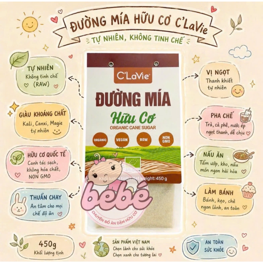 Đường Mía Hữu Cơ C'LaVie 450g - Đường Thô Organic Không Tinh Chế, Làm Bánh Pha Chế