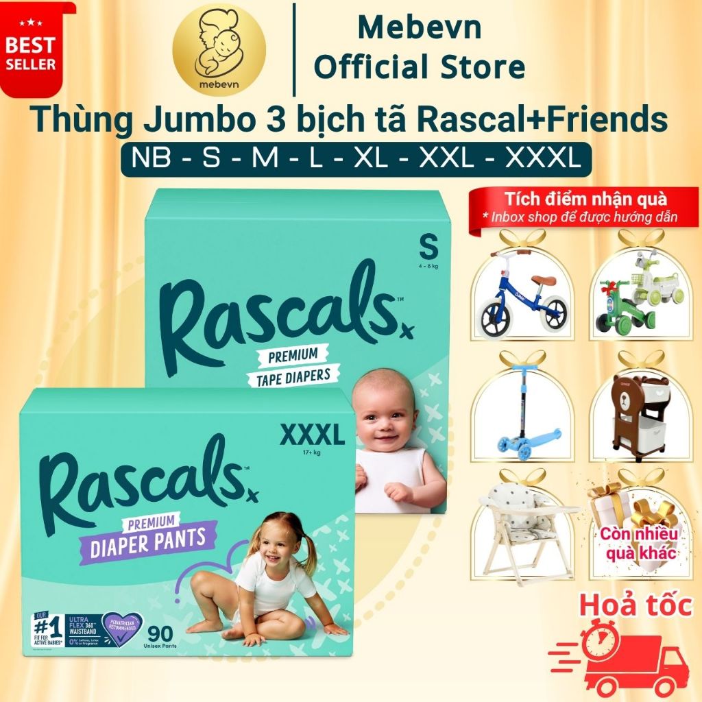 Thùng Jumbo 3 bỉm rascal friend, tã rascal and friend NewZealand, tã rascal and friends chính hãng