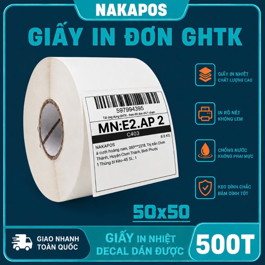 Giấy in nhiệt 50x50 Decal nhiệt 5*5 tem trà sữa 50*50 in mã vạch 5x5 giấy in đơn hàng 50x50mm giao hàng tiết kiệm GHTK
