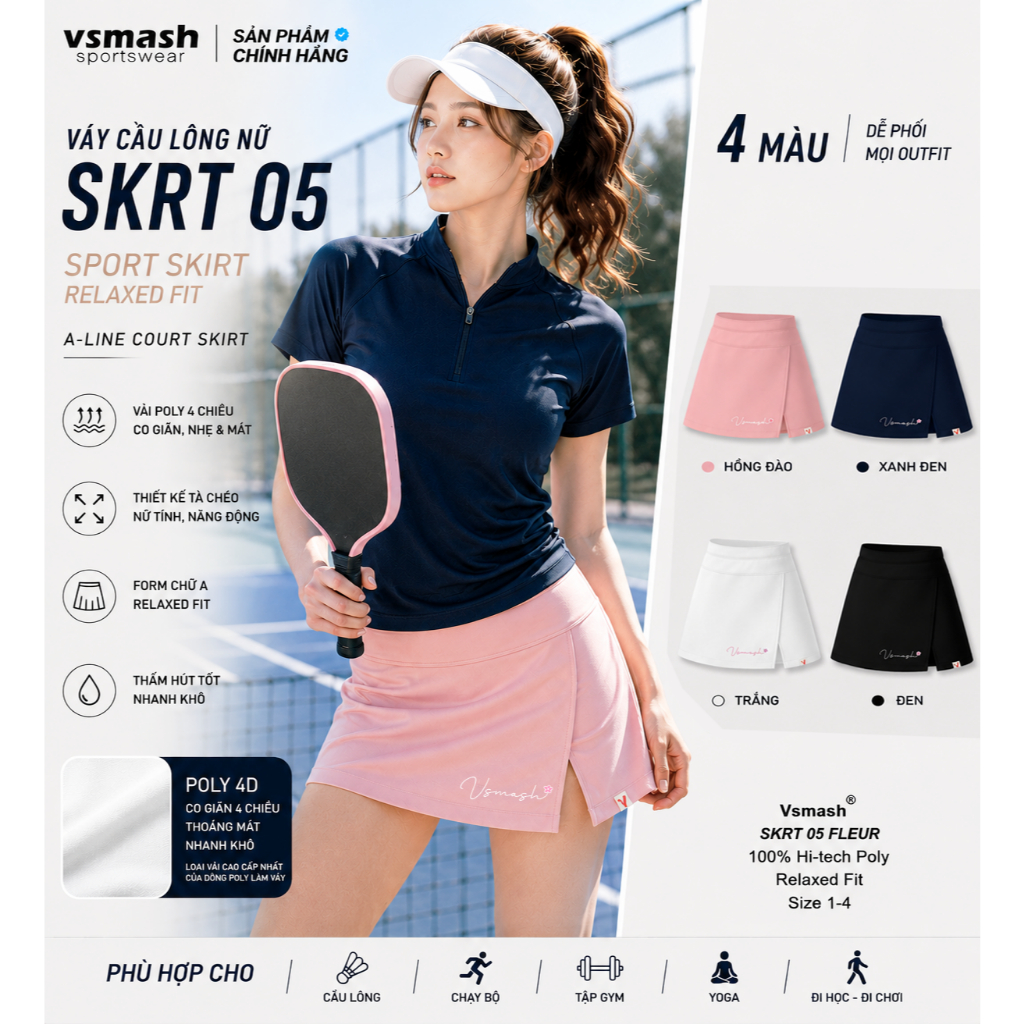 Váy Cầu Lông Vsmash Sportwear “SKRT 05” Váy Thể Thao Ngắn Form Chữ A, Lót 2 Lớp, Poly 4C Cao Cấp, Co Giãn, Thoải mái