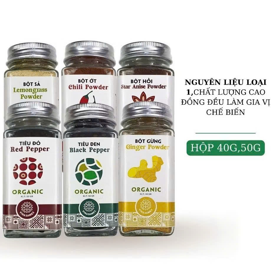 Gia vị hữu cơ Vinasamex dùng ướp chế biến đồ ăn dặm cho bé từ 6 tháng tuổi. Bột hành, bột tỏi,...
