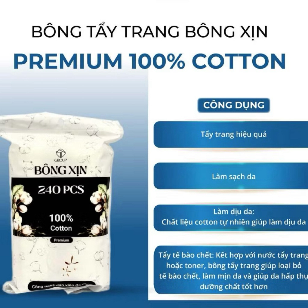 Combo 2 Bông tẩy trang Xịn - Bịch 240 miếng cao cấp làm sạch hiệu quả, nhẹ dịu
