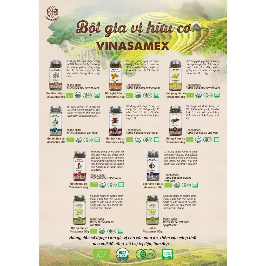 Gia vị hữu cơ Vinasamex dùng ướp chế biến đồ ăn dặm cho bé từ 6 tháng tuổi. Bột hành, bột tỏi,...