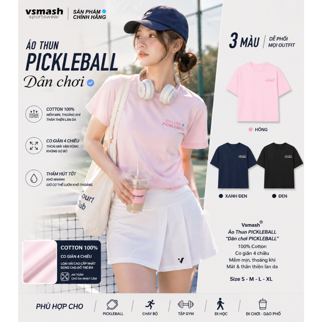 Áo Thun PICKLEBALL Vải Bông Em Bé | VSMASH VN | Họa tiết in "Dân chơi PICKLEBALL" | Sợi Nhập |  Mềm mịn, thoáng khí, mát