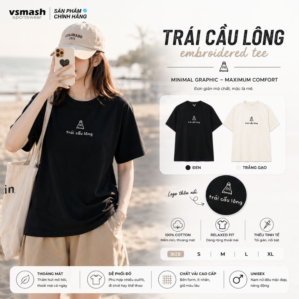 Áo Thun Cầu Lông Nam Nữ Vsmash Sportwear – Thêu "TRÁI CẦU LÔNG" – Vải Bông Em Bé Mềm Mịn, Thoáng Mát, Thấm hút tốt