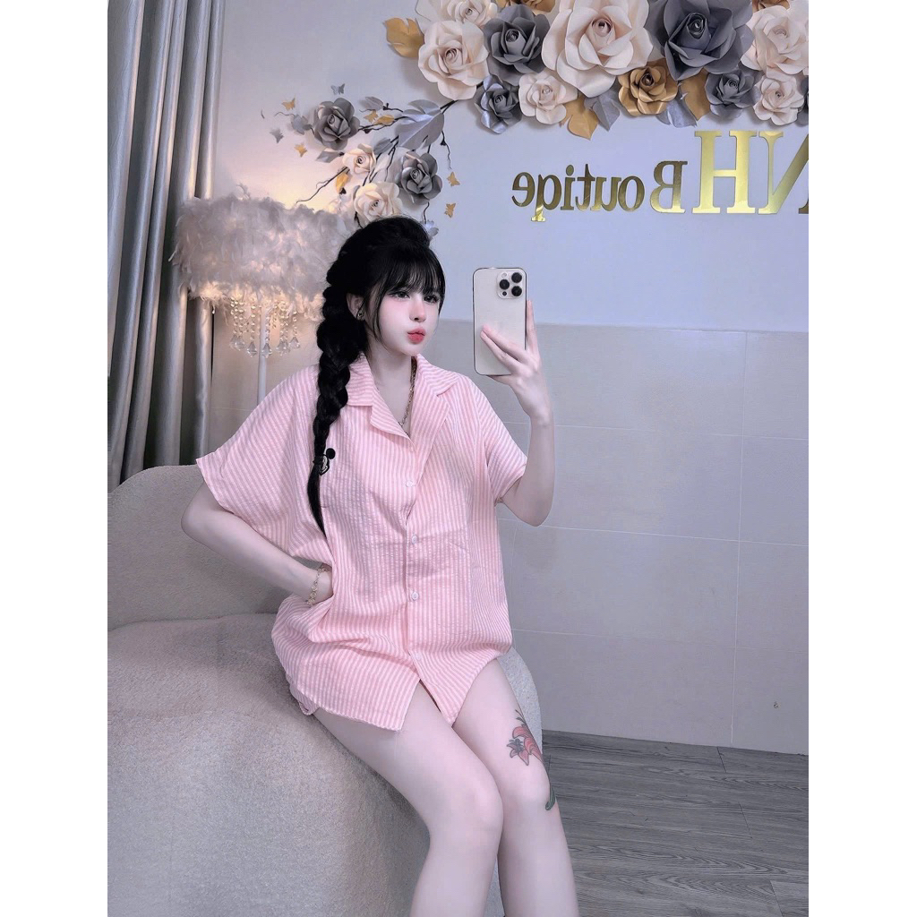 Set Bộ Nữ , Set Bộ Pijama Đũi Cổ v Phom Thụng