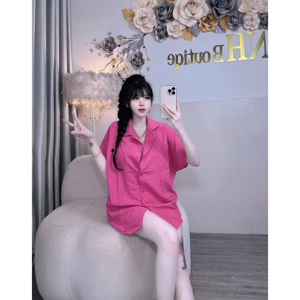 Set Bộ Nữ , Set Bộ Pijama Đũi Cổ v Phom Thụng
