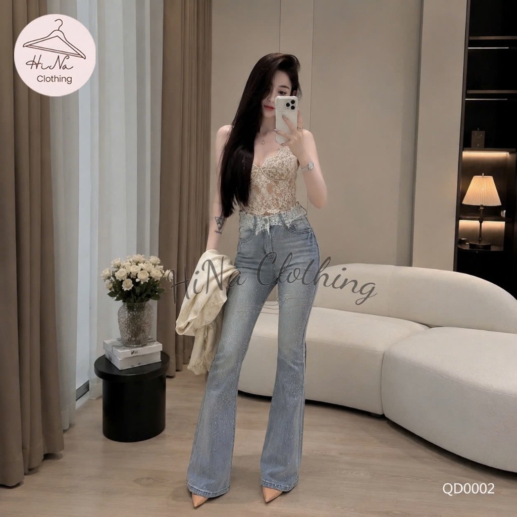 Quần dài jean denim bò loe đá cạp phối ren HiNa QCCC QCL1 QD0002 #5506