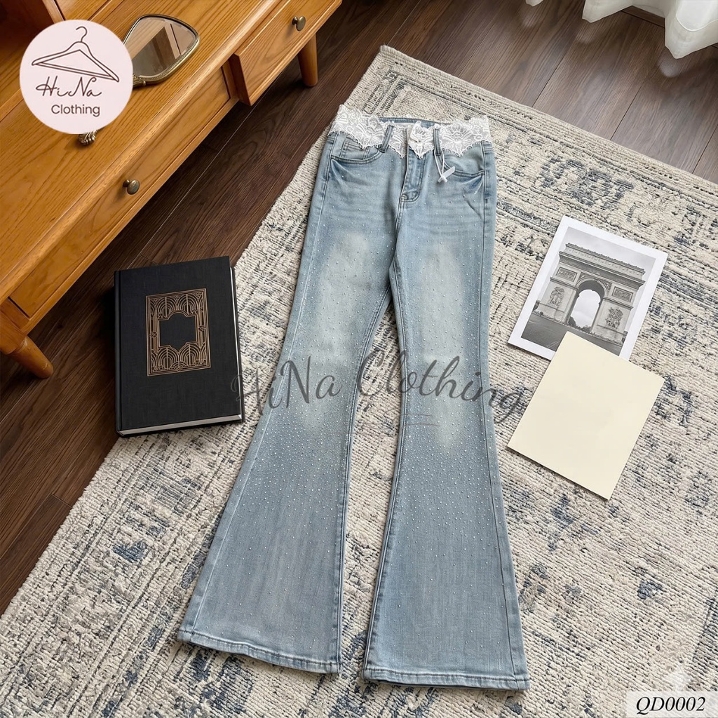 Quần dài jean denim bò loe đá cạp phối ren HiNa QCCC QCL1 QD0002 #5506