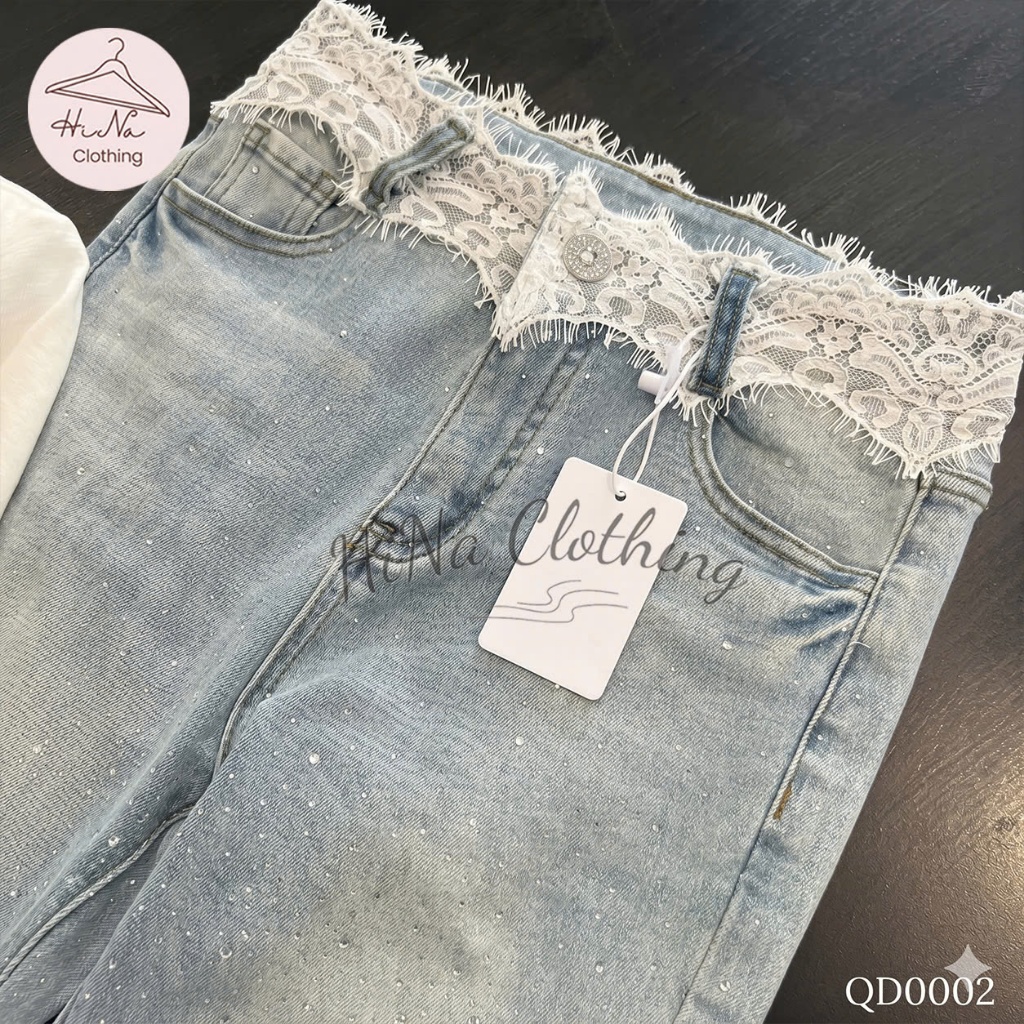 Quần dài jean denim bò loe đá cạp phối ren HiNa QCCC QCL1 QD0002 #5506