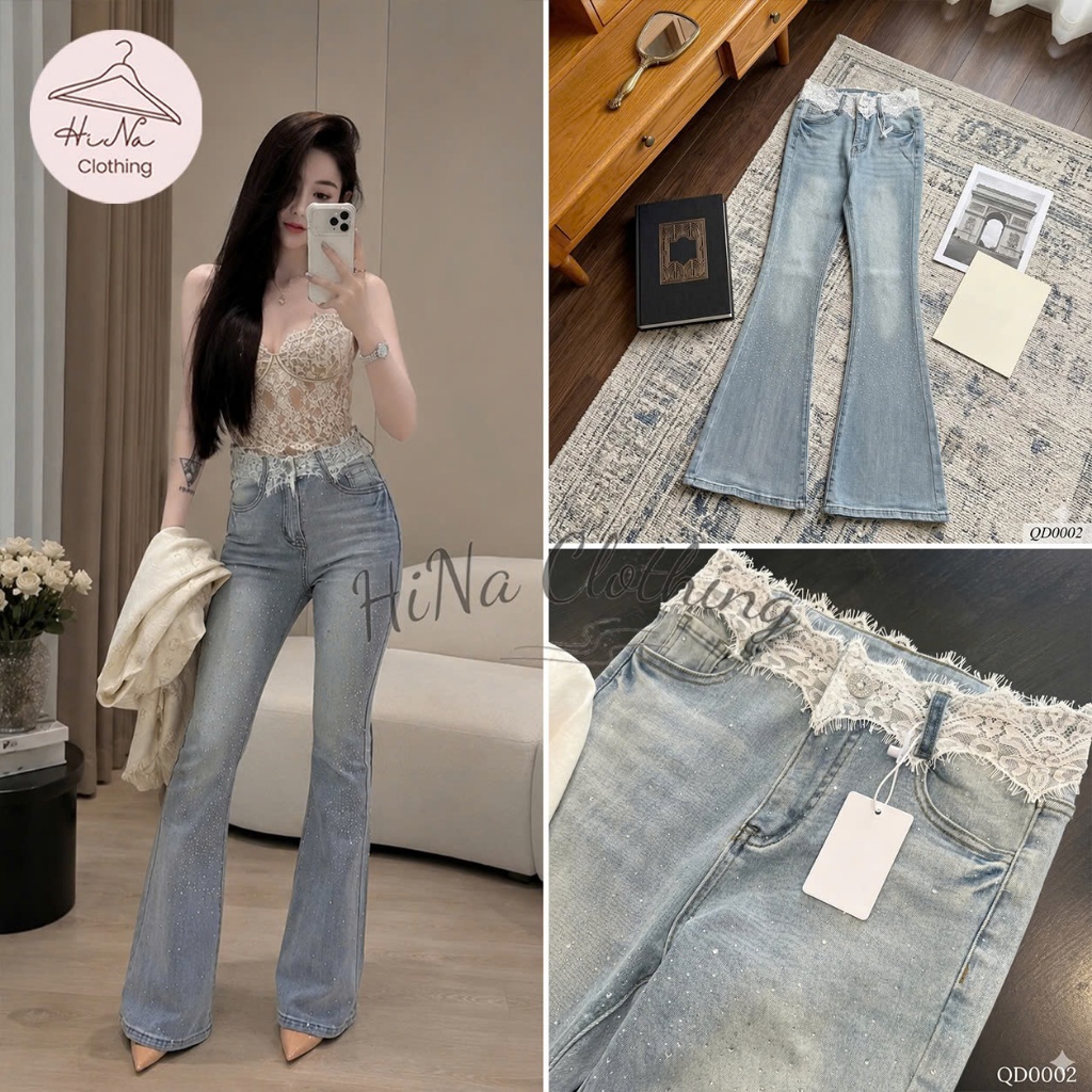 Quần dài jean denim bò loe đá cạp phối ren HiNa QCCC QCL1 QD0002 #5506