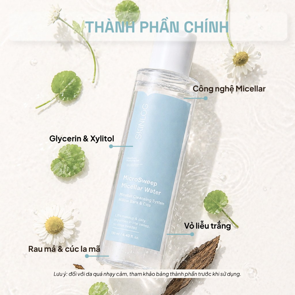 Nước Tẩy Trang SKINLOG MicroSweep Micellar Water 130ml - Không cay mắt, Làm Sạch Makeup, Bụi Bẩn