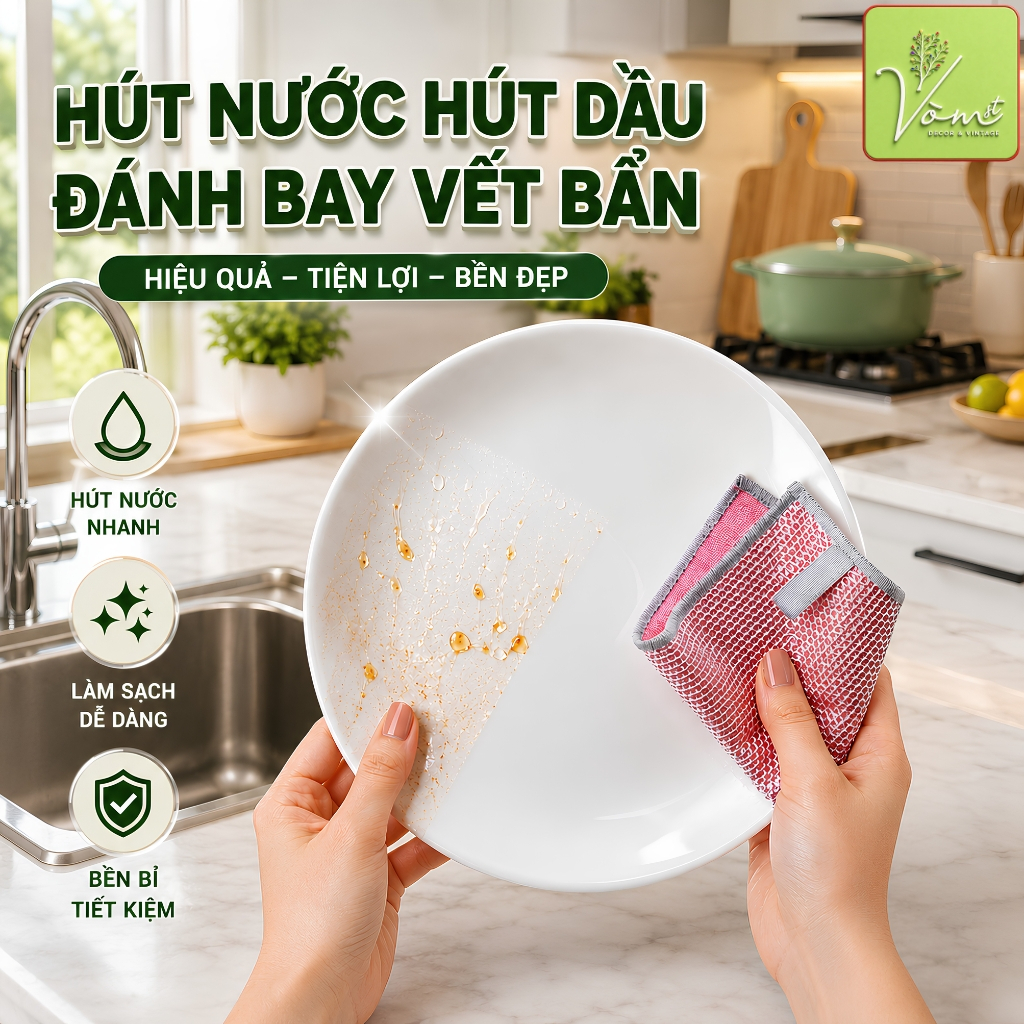 ( Combo ) Khăn Rửa Chén Vừa Lâu Vừa Chà - Lưới Kim Loại 2 Mặt Đa Năng - Vòm Decor - Chà Sạch Dầu Mỡ, Cho Xoong Nồi Chả