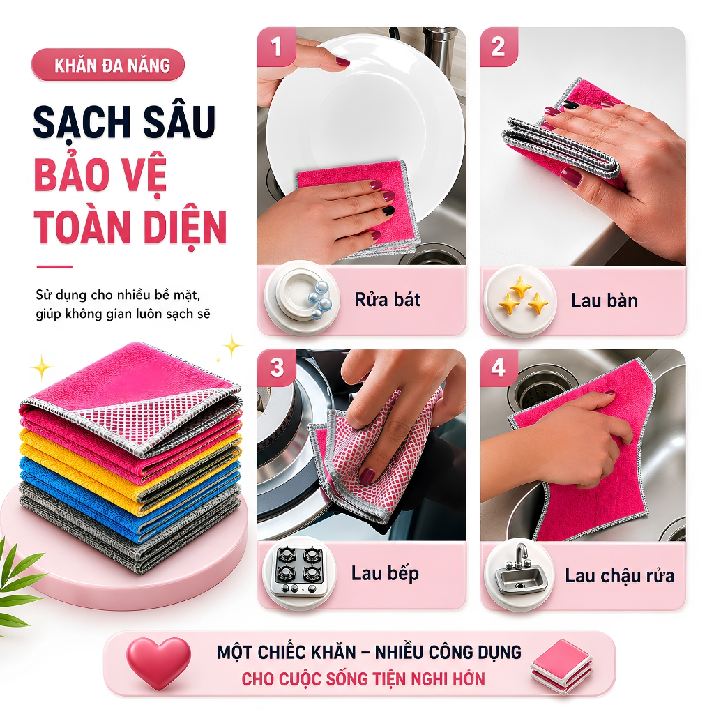 ( Combo ) Khăn Rửa Chén Vừa Lâu Vừa Chà - Lưới Kim Loại 2 Mặt Đa Năng - Vòm Decor - Chà Sạch Dầu Mỡ, Cho Xoong Nồi Chả