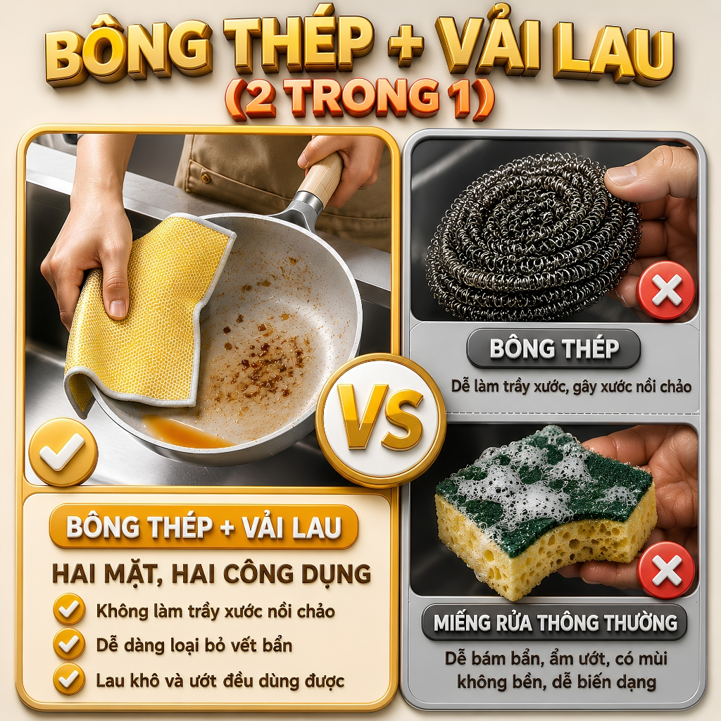 ( Combo ) Khăn Rửa Chén Vừa Lâu Vừa Chà - Lưới Kim Loại 2 Mặt Đa Năng - Vòm Decor - Chà Sạch Dầu Mỡ, Cho Xoong Nồi Chả