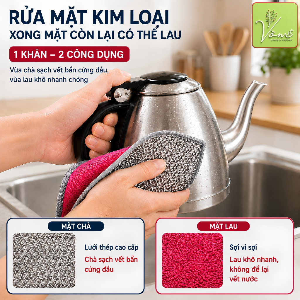 ( Combo ) Khăn Rửa Chén Vừa Lâu Vừa Chà - Lưới Kim Loại 2 Mặt Đa Năng - Vòm Decor - Chà Sạch Dầu Mỡ, Cho Xoong Nồi Chả