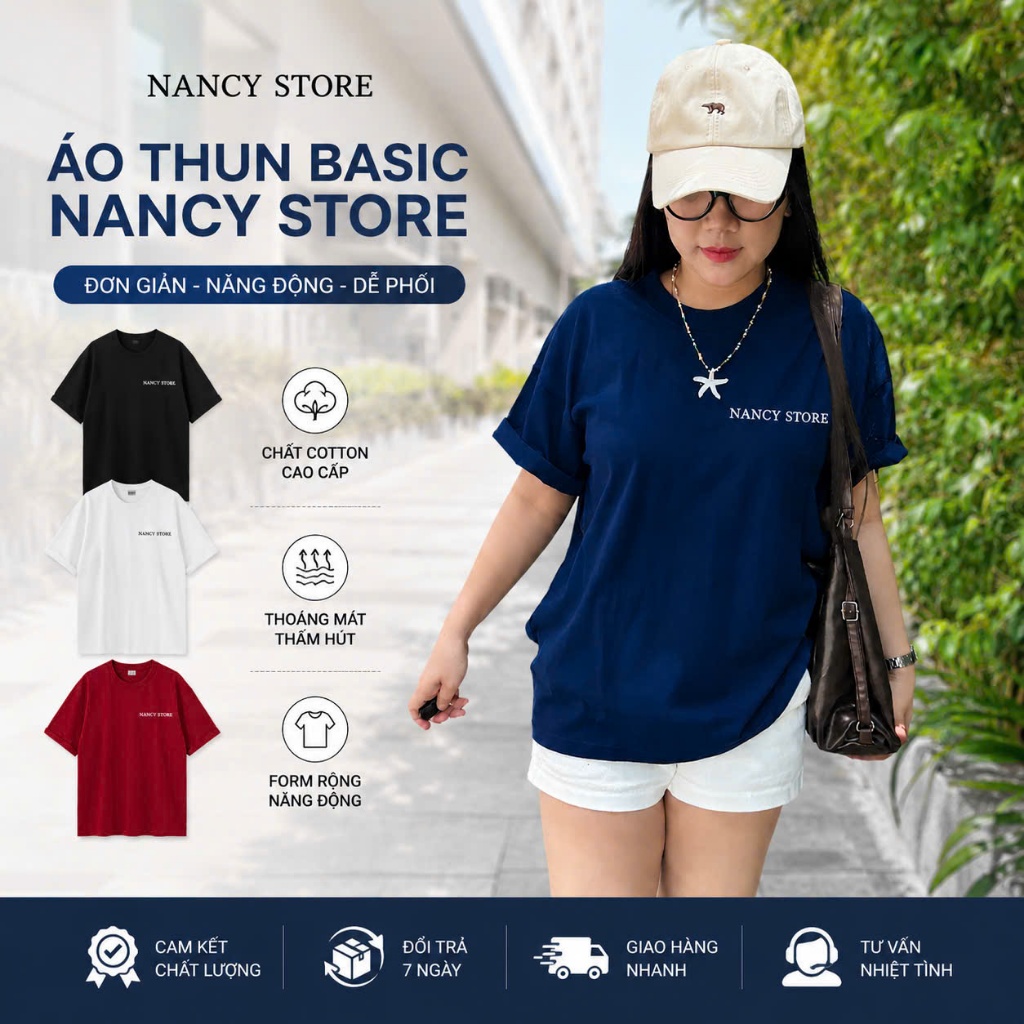 Áo Thun NANCY STORE  Cotton Cổ Tròn Nam Nữ
