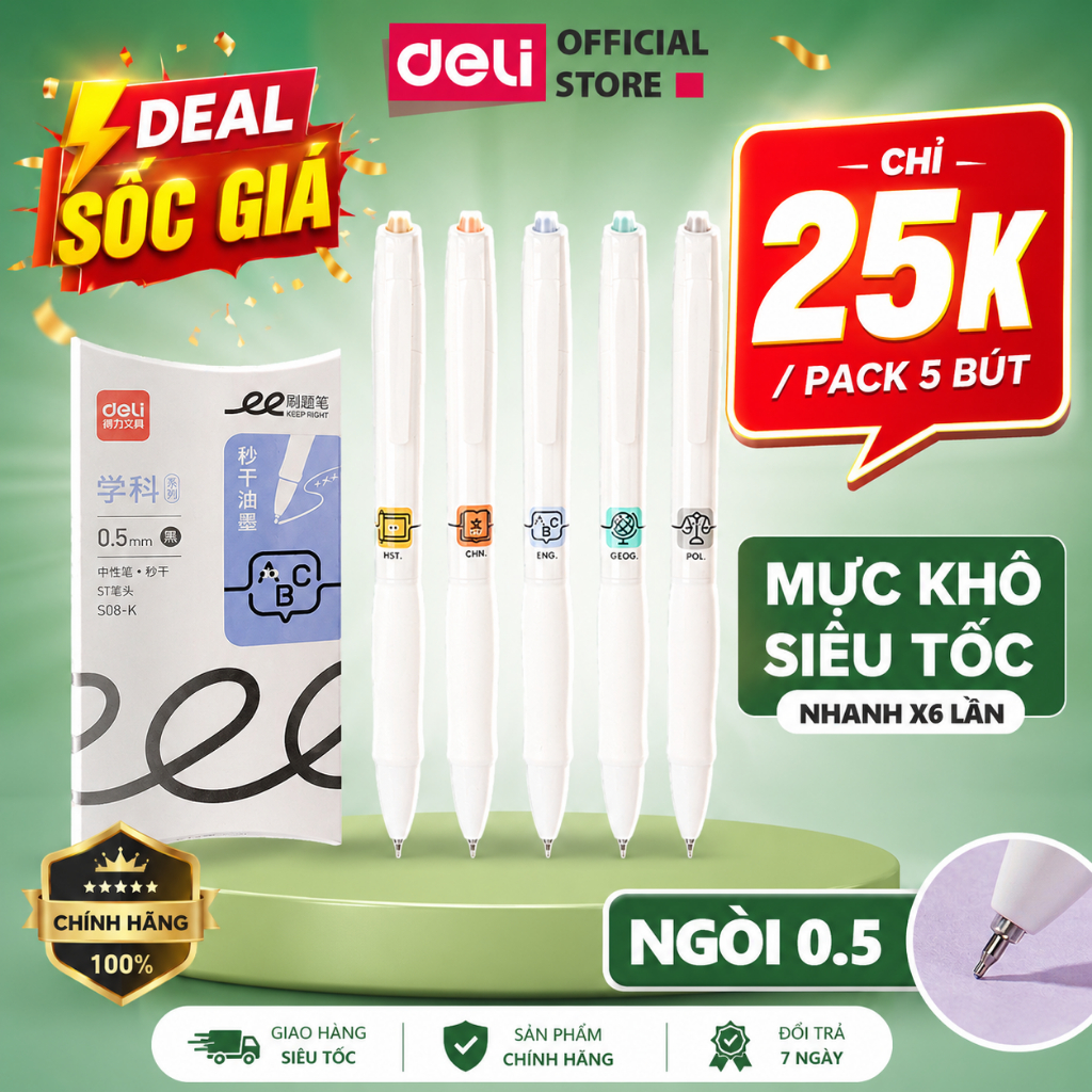[🔥5K/BÚT] Combo 5/12 Bút Gel Deli Mực Xanh/Đen/Đỏ Ngòi ST 0.5mm Màu Pastel Đệm Tay Êm Viết Trơn Mượt