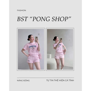 Bộ Thun Nữ oversized PONG, ,Cổ Tròn,In Chữ,Chất Cotton(Áo thun+Quần thun hồng nhạt)CP_22170