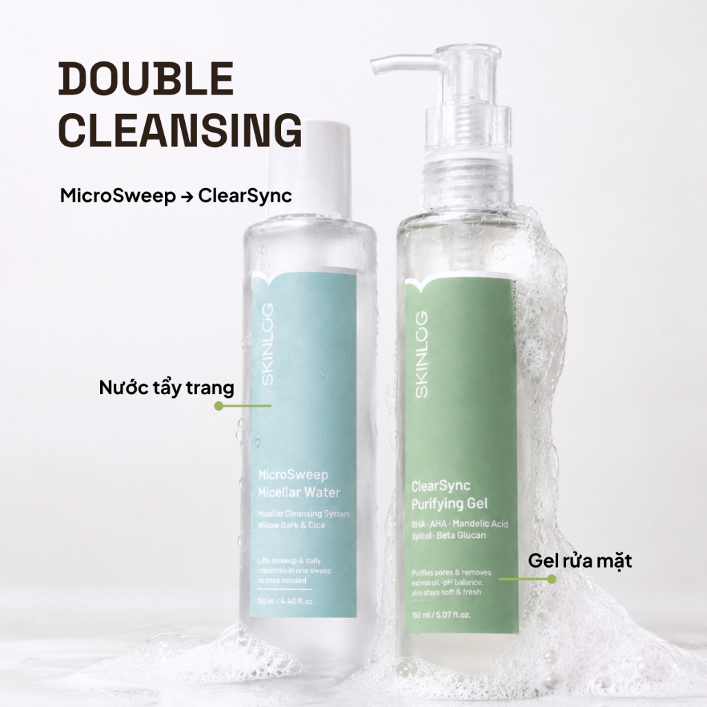 Bộ đôi SKINLOG làm sạch nước tẩy trang 130ml và gel rửa mặt 150ml Làm Sạch sâu, Thông Thoáng da