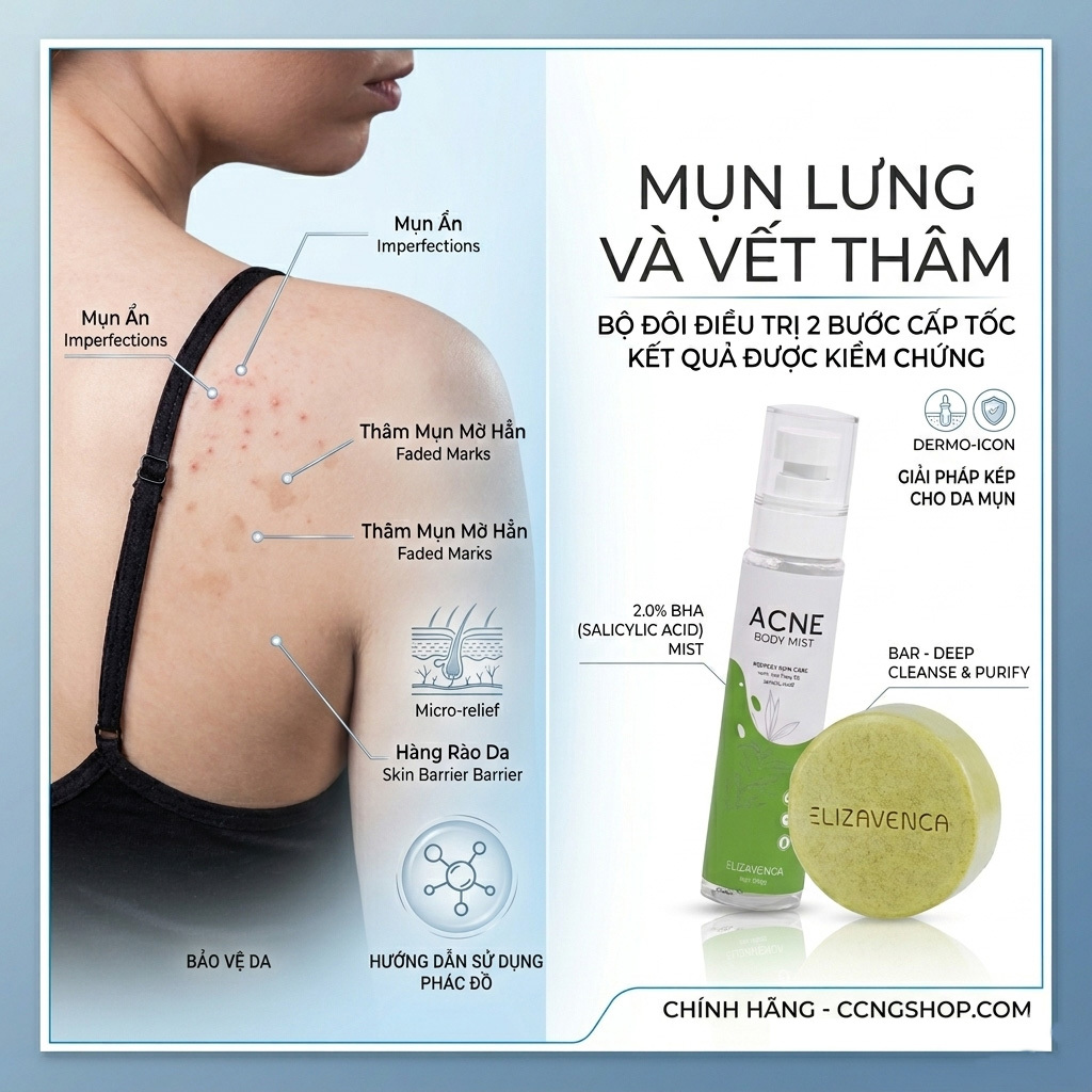 Mụn lưng Elizavenca hỗ trợ giảm mụn lưng mụn toàn thân combo 2 sản phẩm