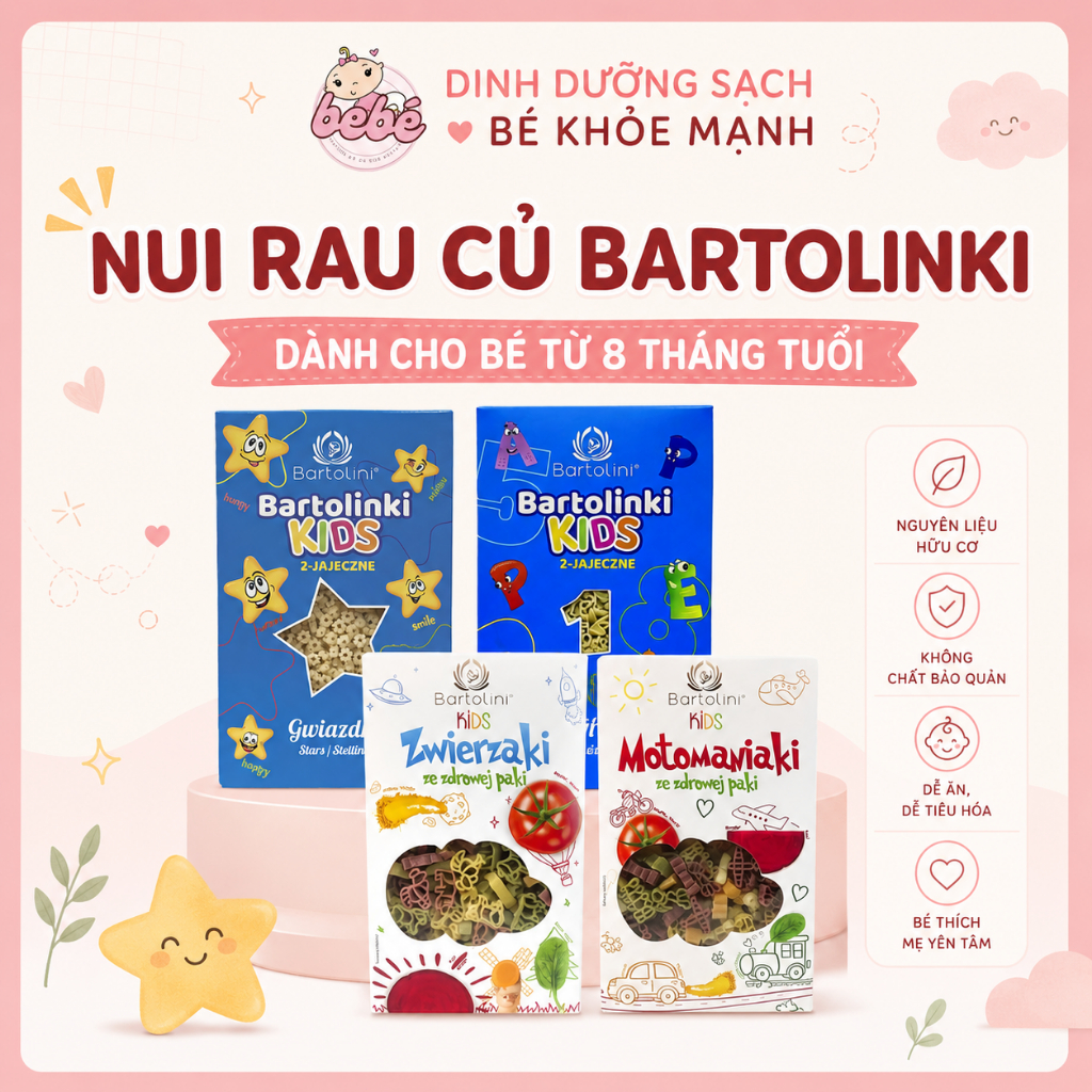 Nui Bartolini rau củ, trứng cho bé ăn dặm, Nui cho bé ăn dặm Hộp 250gr / Tách lẻ 100gr