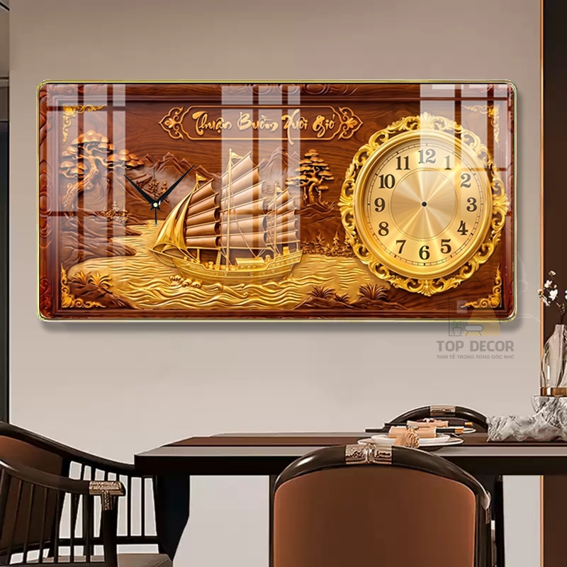 [ 20 Mẫu ] Tranh Đồng Hồ Tráng Gương Vân Gỗ Kim Trôi In UV 5D Cao Cấp Thuận Buồm Xuôi Gió - Top Decor