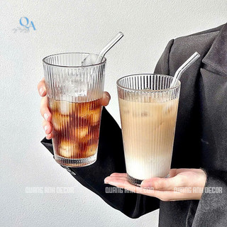 SET 6 Ly Thủy Tinh MIỆNG LOE THÂN SỌC Dáng Trụ Đứng | Cốc Uống Sinh Tố, Soda, Cacao - DEOCR CAFE
