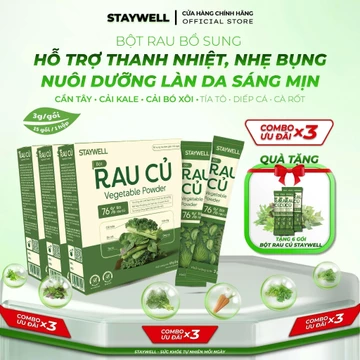 [Mua 3 tặng 6] Combo x3 hộp Bột Rau Cần Tây Cải Xoăn Bó Xôi Diếp Cá Tía Tô STAYWELL ( Hộp 15 gói x 3g )