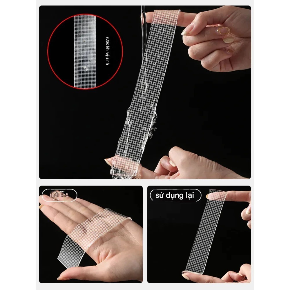 Băng keo Nano dạng lưới 2 mặt trong suốt bám dính mọi bề mặt, dày 2mm - dài 2m tiện lợi